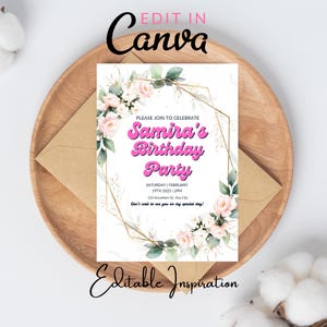 Blush Pink Wildflower Birthday Party Invitation, Meadow Floral Woman's Birthday Invite, Cottage Floral, Editable Canva Template.