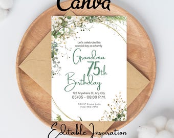 Invitación digital de 75 cumpleaños para mujer, con diseño floral en rosa ruborizado y dorado, plantilla Canva de descarga instantánea.