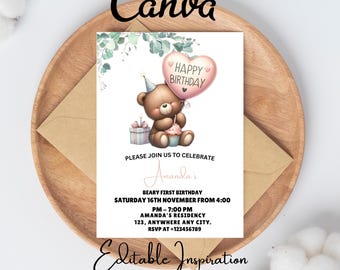 Invitación de cumpleaños editable con diseño de oso verde, invitación neutral con diseño de oso de peluche para cualquier edad, plantilla imprimible minimalista para primer cumpleaños bohemio