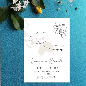 May include: Save the Date card with a world map and a heart-shaped route. The text reads "Save the Date", "New York", "Louise & Kenneth", "20.11.2023", "123 Anywhere St., Any City, ST 12345", and "Formal Invitation To Follow".