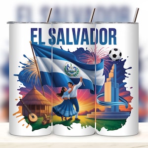 May include: White tumbler with a design featuring the text "EL SALVADOR", a waving flag, a couple dancing, a soccer ball, and fireworks. The design includes a hut, a guitar, and a monument.