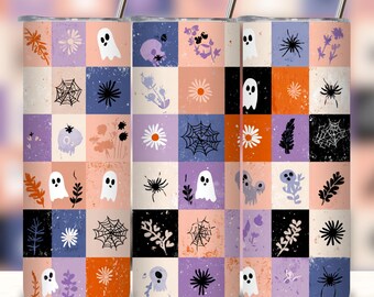 Retro Halloween Tumbler Wrap PNG: Checkered Ghost, Spooky Season (Digital Download)