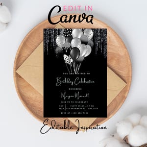 Editable Birthday Invitation, Black Invitation, Let&#39;s Party Black Balloons Invite, Black Party, Printable Silver Glitter Invitation