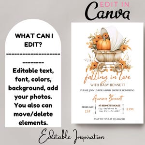Puede incluir: Plantilla de invitaci&oacute;n de baby shower editable con un tema oto&ntilde;al. La invitaci&oacute;n presenta una ilustraci&oacute;n de acuarela de una calabaza en un cochecito de beb&eacute; con hojas de oto&ntilde;o y flores. El texto de la invitaci&oacute;n dice "Falling in Love with Baby Bennett".