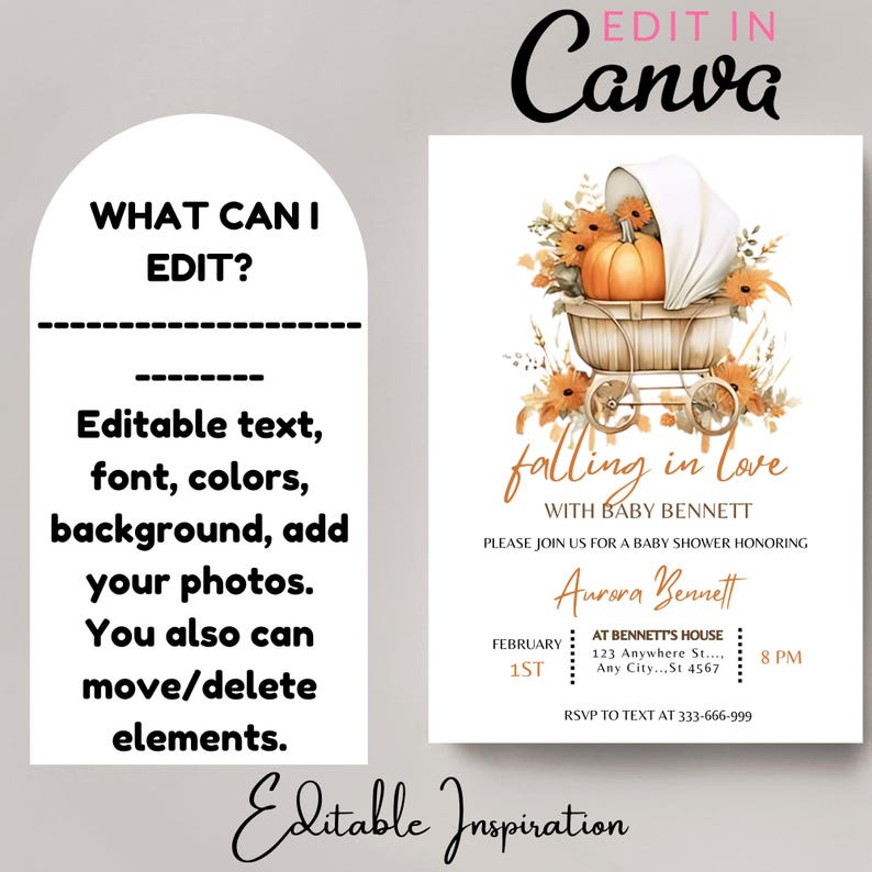 Puede incluir: Plantilla de invitaci&oacute;n de baby shower editable con un tema oto&ntilde;al. La invitaci&oacute;n presenta una ilustraci&oacute;n de acuarela de una calabaza en un cochecito de beb&eacute; con hojas de oto&ntilde;o y flores. El texto de la invitaci&oacute;n dice "Falling in Love with Baby Bennett".