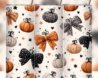 Coquette Halloween Tumbler Sublimation Design: Bows & Pumpkins (Digital Download).