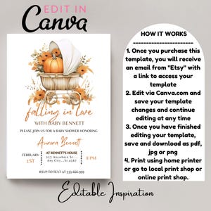 Puede incluir: Una invitaci&oacute;n de baby shower imprimible con tem&aacute;tica oto&ntilde;al. La invitaci&oacute;n presenta una ilustraci&oacute;n de acuarela de una calabaza en un cochecito con hojas de oto&ntilde;o. El texto dice "Falling in Love with Baby Bennett" e incluye el nombre del beb&eacute;, la fecha, la hora y la ubicaci&oacute;n. La invitaci&oacute;n tambi&eacute;n incluye instrucciones sobre c&oacute;mo editar la plantilla usando Canva.