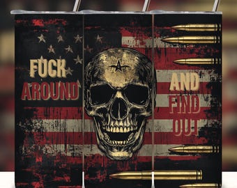 Skull American Flag 20 oz Skinny Tumbler Wrap Sublimation Design, F Around and Find Out 2nd Amendment Patriotic, Digital Download PNG.