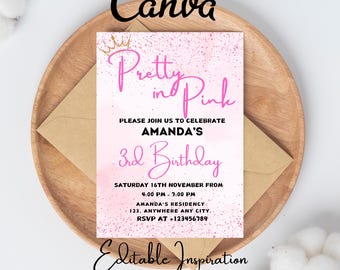 Bearbeitbar Hübsche in Pink Geburtstagseinladung, druckbare Hot Fuchsia Pinks und Gold Damen einladen, Teenager Mädchen Geburtstag Disco Tanz einladen