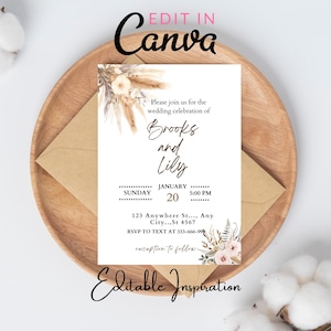Boho Terracotta Wedding Invitation Template Set, Modern Elegant Details Invitation Template, Pampas RSVP Canva Template