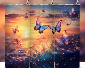 Beach Sunset butterfly 20 oz Skinny Tumbler Sublimation Design, Beach Tumbler Wrap, Ocean Tumbler Wrap, Ocean Sunset Tumbler PNG, digital.