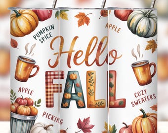 Hello Fall Tumbler Wrap PNG, Autumn Pumpkin Floral 20oz Skinny Tumbler Sublimation Design, Digital Download.