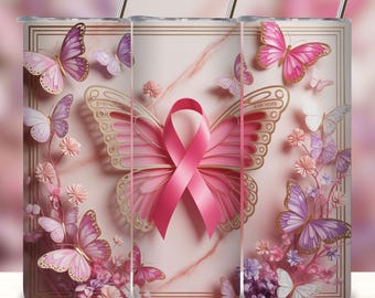 3D Butterfly Pink Tumbler Wrap: Breast Cancer Awareness Design (PNG Digital File)