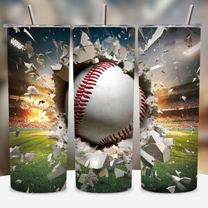 May include: A baseball breaks through a wall of concrete, with a stadium and crowd in the background. The baseball is white with red stitching. The background is a blurry image of a baseball stadium with a crowd of people in the stands.