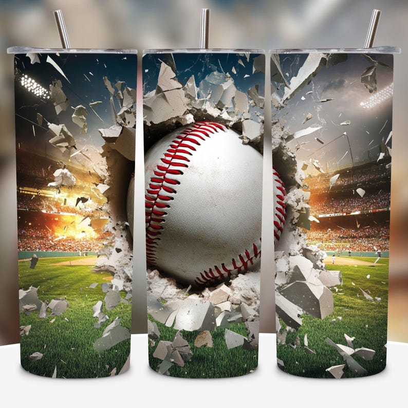 May include: A baseball breaks through a wall of concrete, with a stadium and crowd in the background. The baseball is white with red stitching. The background is a blurry image of a baseball stadium with a crowd of people in the stands.