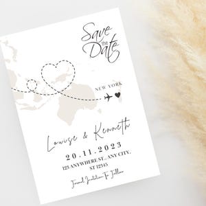 May include: Save the Date card with a world map background and a heart-shaped flight path. The text reads "Save the Date", "New York", "Louise & Kenneth", "20.11.2023", "123 Anywhere St., Any City, ST 12345", and "Formal Invitation To Follow".