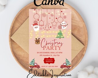 Pink Christmas Party Invitation, Pink Bow Christmas Invite DIGITAL DOWNLOAD, Preppy Invite for Holiday Party, Cute Christmas Invite EDITABLE
