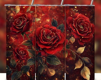 3D Red Rose Sparkling 20oz Skinny Tumbler Wrap PNG, Valentine Seamless Design, 20oz Sublimation Tumbler Digital Download Template.
