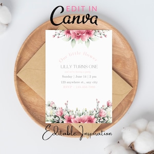 Editable Floral 1st Birthday Invite, Wildflower Birthday Party Invitation Template, Garden Party Birthday, Girls Birthday Flower Invitation