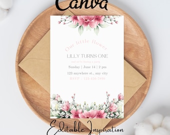 Editable Floral 1st Birthday Invite, Wildflower Birthday Party Invitation Template, Garden Party Birthday, Girls Birthday Flower Invitation