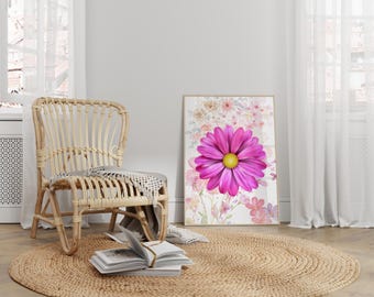 Pink Daisy Watercolor Floral Print, Cottagecore Wall Decor (Digital Download)