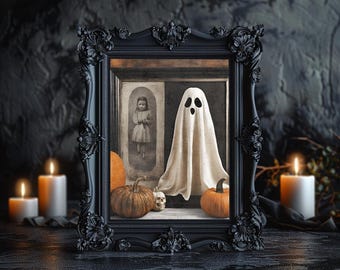 Vintage Halloween Ghost Art Print with Skull and Pumpkin Scene, Gothic Wall Decor for Spooky Halloween Home Decoration, Framed Ghost Poster
