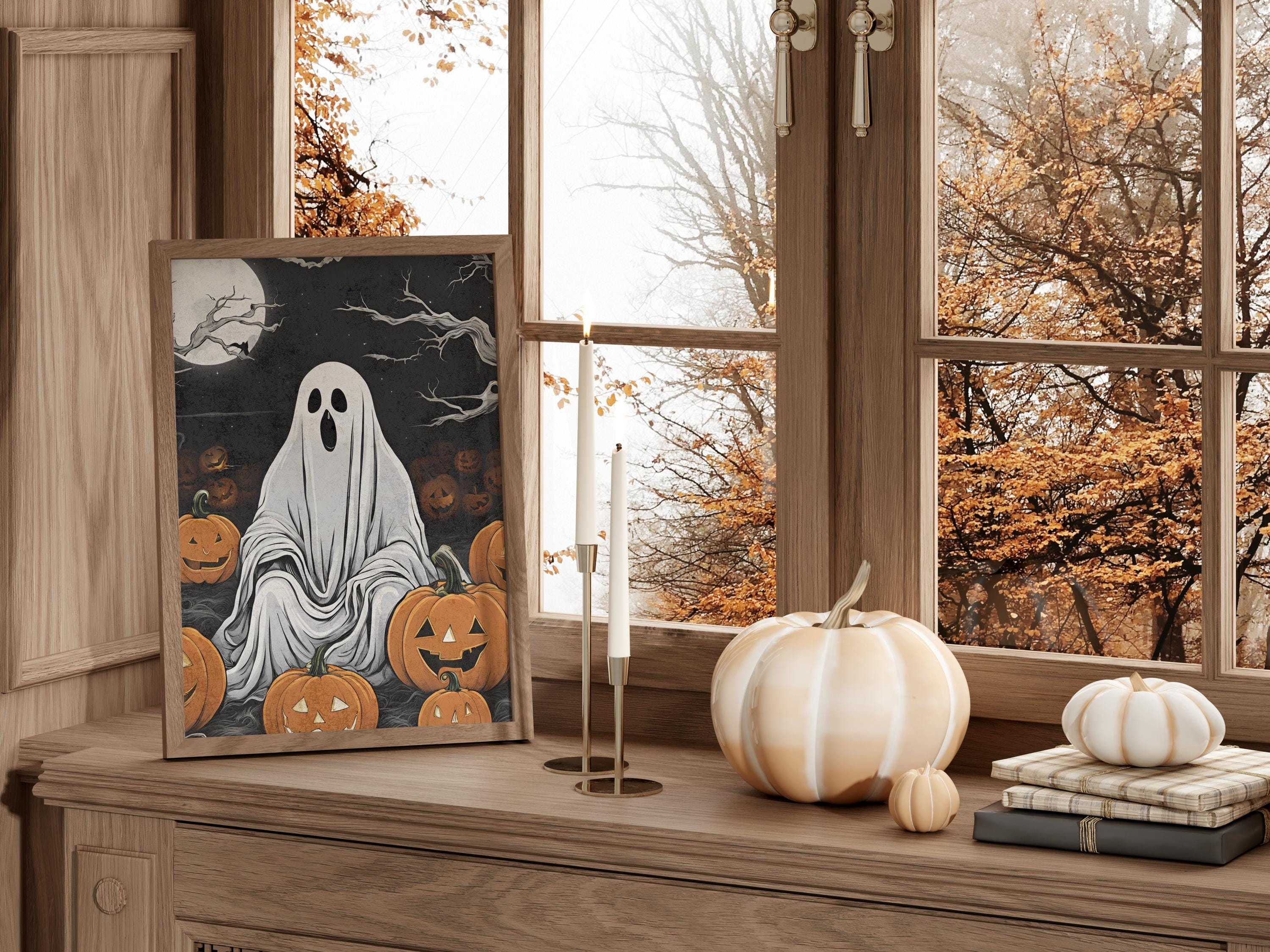 Vintage Halloween Ghost Art Print With Pumpkin Patch and Full Moon ...