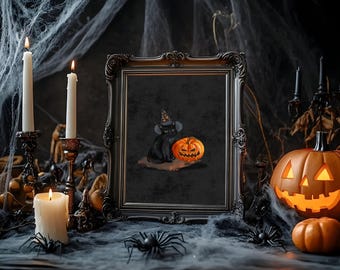 Halloween Black Cat Art Print, Gothic Home Decor (Digital Download)