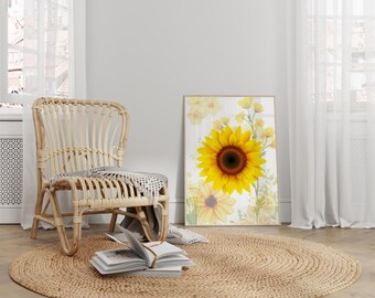 Gelbe Sonnenblume Wand Kunst Druck, Rustikales Blumen Dekor (Digitale Kunst)