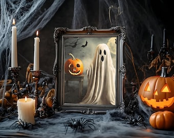 Vintage Halloween Ghost Art Print with Pumpkin and Bat Scene | Spooky Gothic Wall Decor for Halloween Home Decoration | Framed Ghost Poster