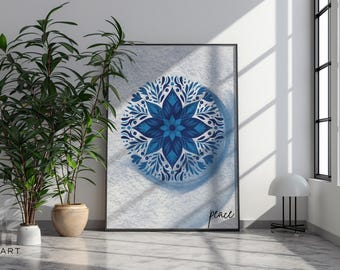 Blue Floral Mandala Print, Boho Scandinavian Wall Art (Digital Download)