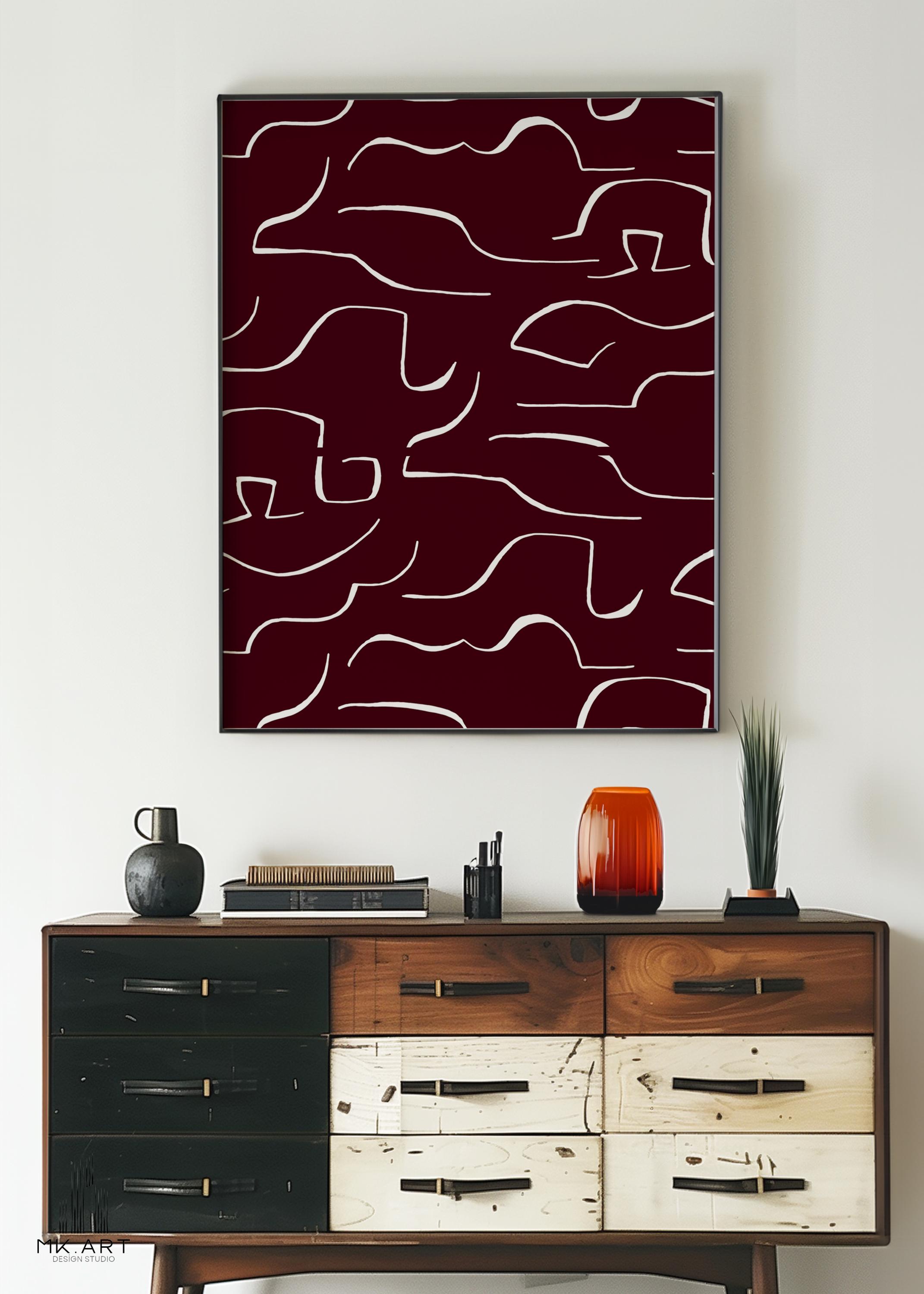Abstract Red and White Line Art Print, Modern Minimalist Wall Decor ...