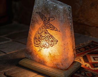 Lâmpada de Sal Mevlana do Himalaia, Presente Dervixe Rodopiante, Caligrafia Sufi, Presente Islâmico para Casa Nova, Limpeza Energética