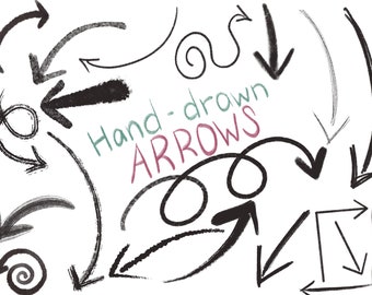 May include: A collection of hand-drawn black arrows in various styles, including curved, straight, and spiral shapes. The text "Hand-drawn ARROWS" is written in green and pink.