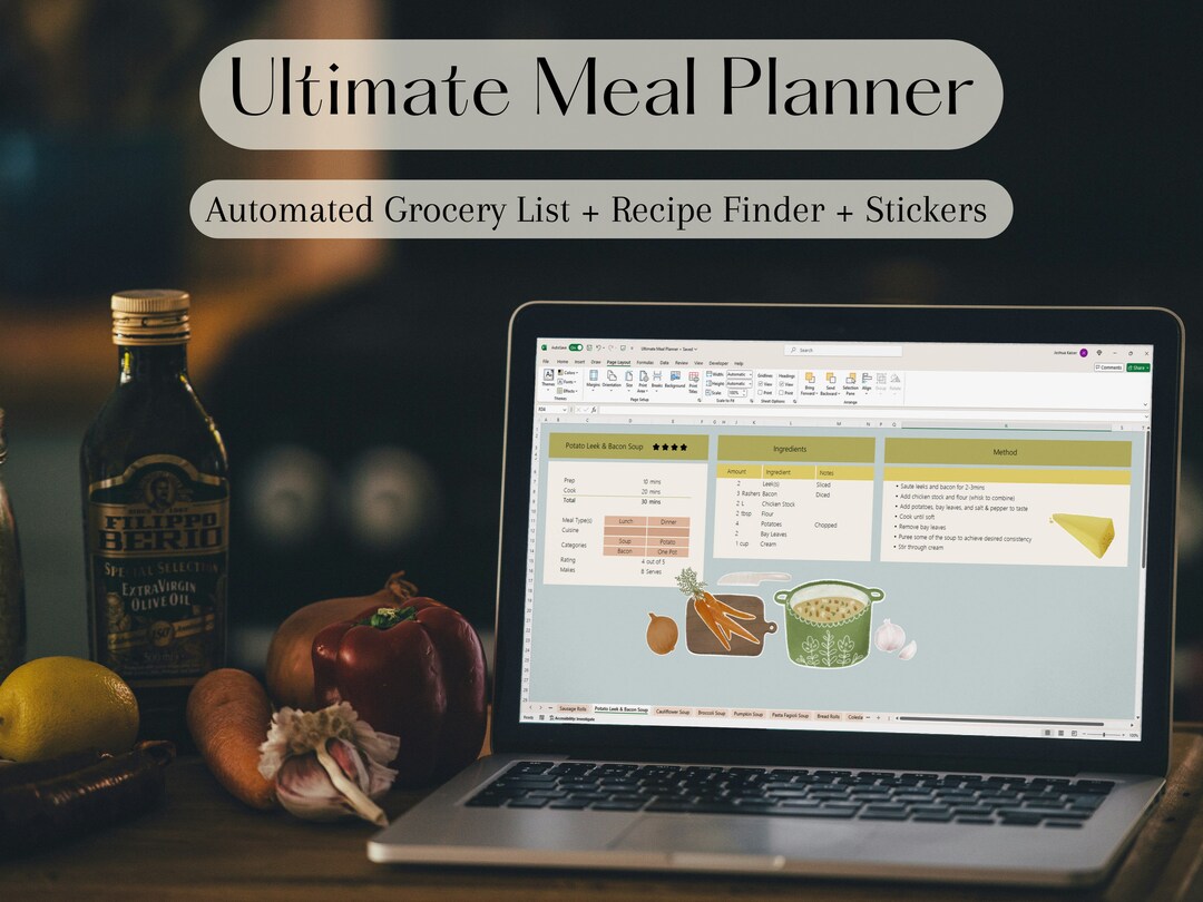 Weekly Meal Planner & Grocery List Excel Template | Digital Recipe Book ...