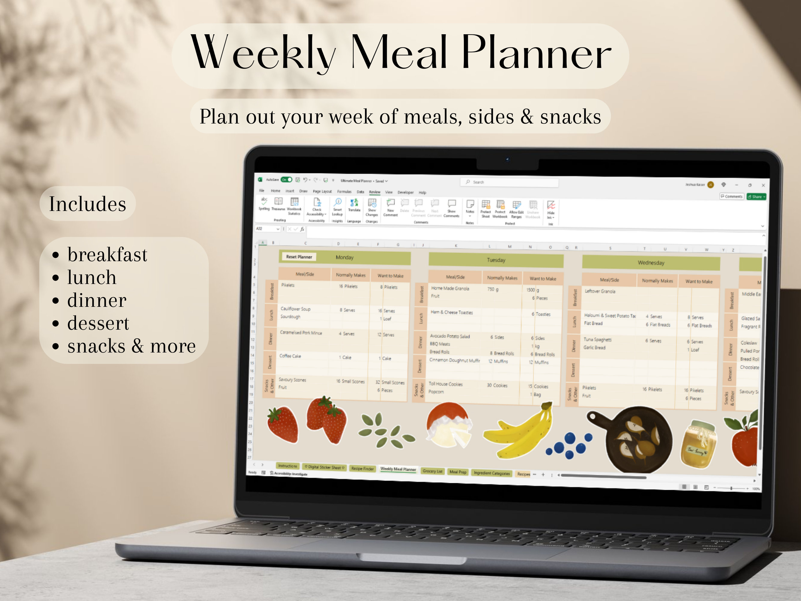 Weekly Meal Planner & Grocery List Excel Template | Digital Recipe Book ...