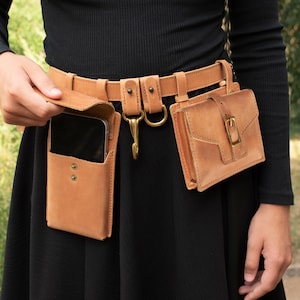 Leather Utility Belt with Pouches, Festival Belt Bag, Hip Belt for Women, Boho Belt with Phone Holder – Gift for Her Christmas Birthday