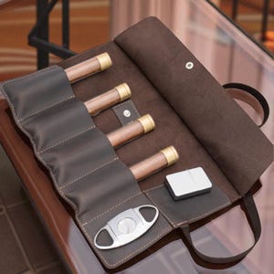 Cigar Roll Up Case in Leather – Travel Cigar Organizer for Men, Christmas Gift, Gift for Dad, Cigar Accessories Holder