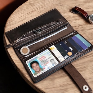 Cartera larga de cuero grabada con ranura para Apple AirTag / Cartera de identificación, diseño minimalista / Monedero unisex rastreable / Cartera larga personalizada