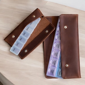 Custom Leather Pill Case - Daily Pill Organizer for Vitamins - 7-Day Tablet Holder - Choose 1 or 2 Times a Day - Mother&#39;s Day Gift