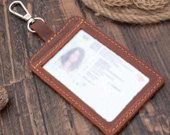 Genuine Leather Badge Holder with Secure Carabiner - Perfect for Professionals - Personalized Leather ID Card Holder with Key Carabiner