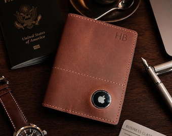 Handmade Leather Passport Wallet with AirTag Slot - Custom leather Travel Wallet - Cowhide Passport Holder - Unisex Family Gift