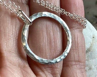 Hammered Silver Circle Pendant * Argentium Sterling Eternity Necklace * Simple Minimal Artisan Gift for Men Women Spirit Jewelry