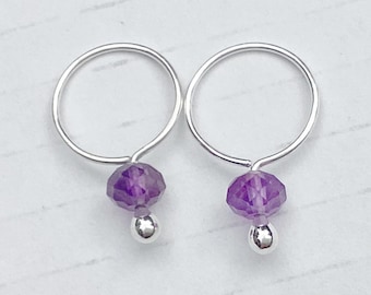Amethyst Sterling Silver Sleeper Hoops * Argentium SS Earrings * Genuine Gemstones