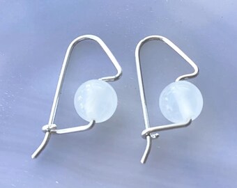 Sterling Silver Selenite Earrings * Small Genuine Gemstone Hoops * Sleepers