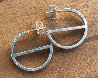 Hammered Half Circle Post Earrings * Sturdy Argentium Silver Classic Studs with 7mm Backs * 1 inch Geometric Designer Fashion Hoops