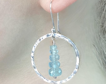 Hammered Argentium Silver Aquamarine Hoop Earrings, Gemstone Dangles