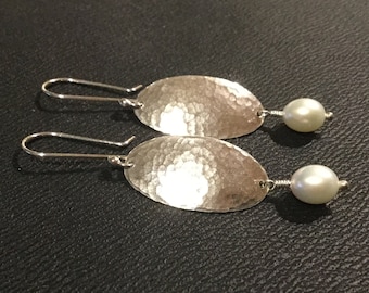 Pearl Dangle Earrings * Hammered Argentium Sterling Silver Oval with Dangling Pearls * Traditional with a Modern Edge * Gift for Her