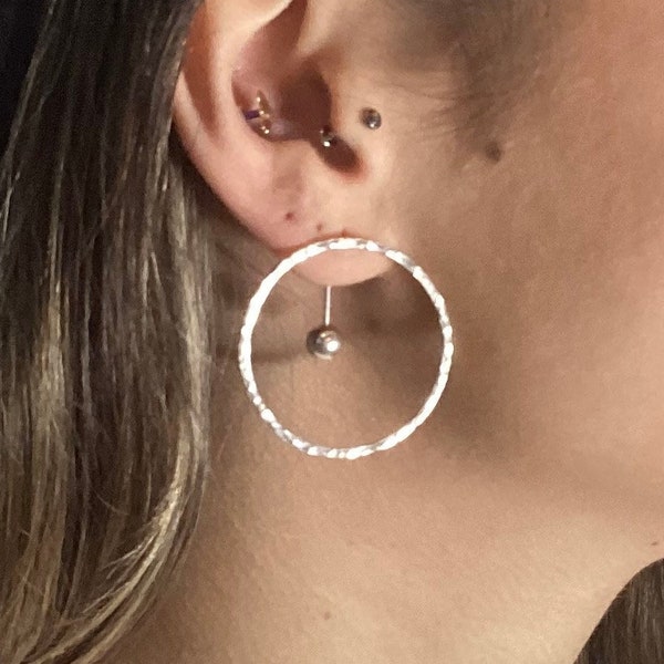 Hammered Round Silver Hoops * Argentium Sterling Circle with 6mm Silver Bead Ear Nut * Flash Fashion Earrings * MetalRocks Original