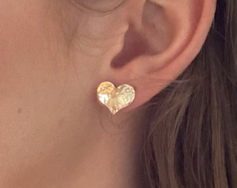 Gold Heart Post Earrings * Hammered Heart Studs * 13x10mm 14k GF Earrings * Sweetheart Gift * Valentines Day * Also in Sterling Silver
